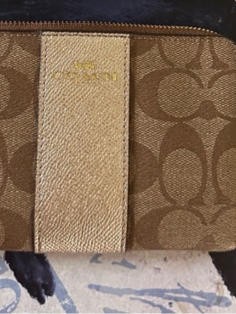 Coach Khaki and Gold Signature Canvas Zip Pouch